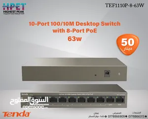  1 محول 63w Tenda TEF1110P-8-63W 10-Port 10/100Mbps Desktop Switch with 8-Port PoE