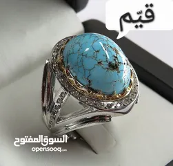  4 خاتم رجالي فاخر مصنوع يدويًا من الفضة والفيروز النيشابوري الكبير مع الماس الحقيقي