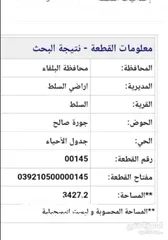  5 أرض للبيع في وادي السلط جورة صالح بسعر مغري!  مساحتها 3.427 دونمات ذات اطلالة رائعة على الفحيص وماحص