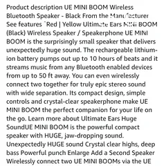  10 مكبر صوت UE MINI BOOM لاسلكي بتقنية البلوتوث - أسود UE MINI BOOM Wireless Bluetooth Speaker - Black