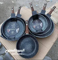 1 طقم مقالي ايد خشب دايموند مبزر جرانيت ثقيل ايد سوداء عدد 6 قطع