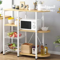  7 ستاند المطبخ العملي ب 3 رفوف خشبية وسلتين جانبيتين هيكل معدني ورفوف خشب