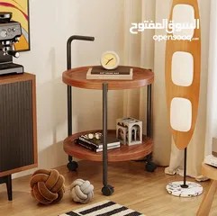  5 طاولة جانبية متحركة مع بكرات – طاولة قهوة دائرية  طاولة قهوة صغيرة بعربة من طبقتين بتصميم