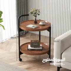  2 طاولة جانبية متحركة مع بكرات – طاولة قهوة دائرية   طاولة قهوة صغيرة بعربة من طبقتين
