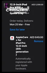  4 iPad Pro 12.9 inch M2 256GB WiFi + Cellular 5G UAE Version with Apple Care Plus till 2026 Feb