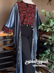  5 Dark Navy Abaya with Traditional Red Palestinian Embroidery - Free Size