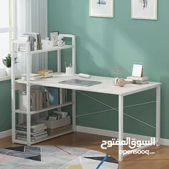  3 مكتب كمبيوتر  مع رفوف مناسب كطاولة دراسة وتخزين، مكتب زاوية بتصميم قابل للانعكاس وسهل التجميع