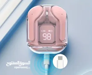  1 سماعات أذن لاسلكية صغيرة TWS MINI - تصميم شفاف مع شاشة LED، ميكروفون لتقليل الضوضاء، بطارية ليثيوم ق