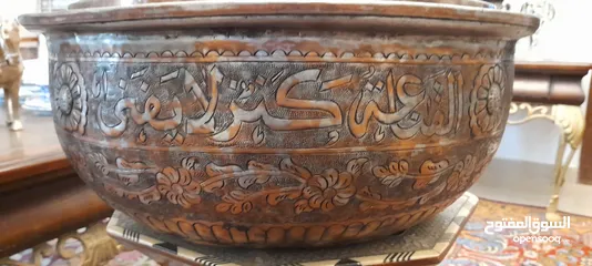  3 تحفه سلطانيه  فخمة قدر كبير جدا  تحغه متحفية عثمانية كبير نقش وكتابات نحاس احمر 150 عام