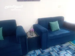  2 طقم كنب عشر مقاعد مع سجادة وثلاث طاولات وثلاث طربيزات خشب وبفة