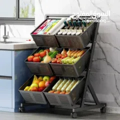  1 رف تخزين عربة خضروات وفواكه معدني 3 دور مزوّد بعجلات لسهولة الحركة + قفل للتثبيت عند الحاجة
