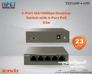  1 Tenda TEF1105P-4-63W محول سطح مكتب مزود بـ 5 منافذ بسرعة 10/100 ميجابت في الثانية مع 4 منافذ PoE