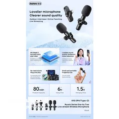  3 REMAX One-to-two Live-Stream Wireless Microphone K10 ميكروفون وايرليس عدد 2 وايرليس