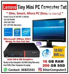  1 Lenovo Tiny Mini PC Intel Core I5 16GB RAM SSD 256GB With Monitor Full Set WIN 10 Pro