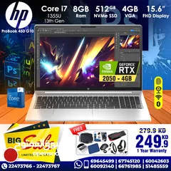  1 HP Probook 450 G10 i7 4GB VGA RTX2050 15.6inch Full HD 13th Generation 8GB Ram 512GB SSD Windows 11