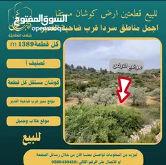  2 ‎#للبيع قطعتين #ارض في#سردا مساحة كل قطعة 1389m قرب ضاحية الغدير طابو مستقل تصلها كافة