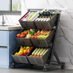  2 رف تخزين عربة خضروات وفواكه معدني 3 دور مزوّد بعجلات لسهولة الحركة + قفل للتثبيت عند الحاجة