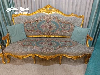  6 خشب زان طقم كنب فاخر بلون (فيروزي +ذهبي)مصري خشب زان