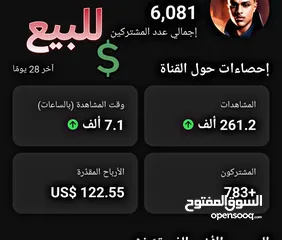 1 قناة يوتيوب مفعلة ربح للبيع بسعر مغري