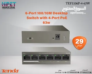  1 محول 63w Tenda TEF1106P-4-63W 6-Port 10/100Mbps Desktop Switch with 4-Port PoE