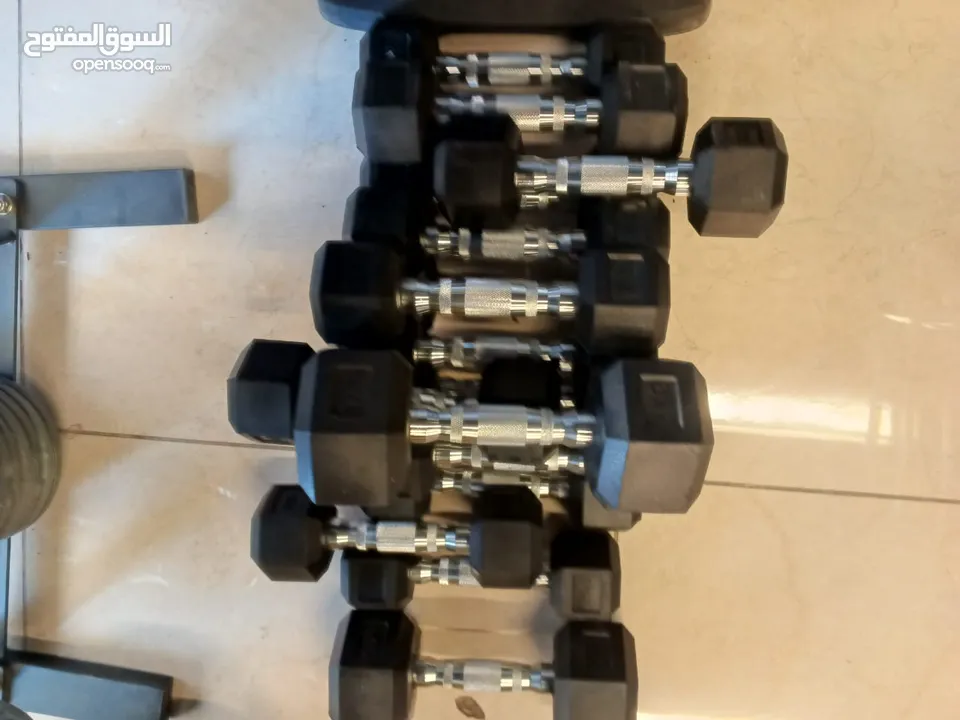 دامبلز ثابت الشكل السداسي متوفر بجميع الاوزان حديد مغطى ربر مميز وفخم يوجد خدمة توصيل