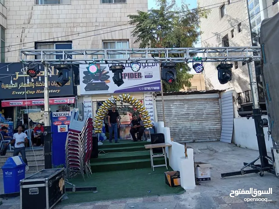 اجهزة اضاءة متحركة للمحلات والمناسبات تراس اضاءة موفينج هيد بيمات باركانات سماعات دي جي اقواس بلالين