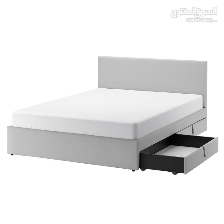 IKEA Upholstered bed, 2 storage boxes 160x200 cm.  سرير ايكيا منجد مع درجين  تخزين مع فرشة نوع ممتاز