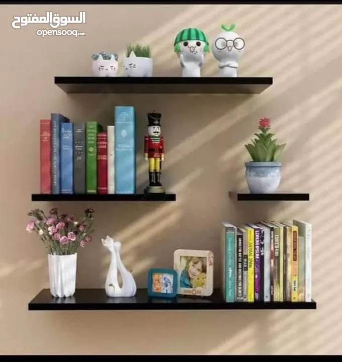 رفوف خشب شاشه ومطبخ وحمام وديكور حائط وستاند مكياج وجلاتين وغيره