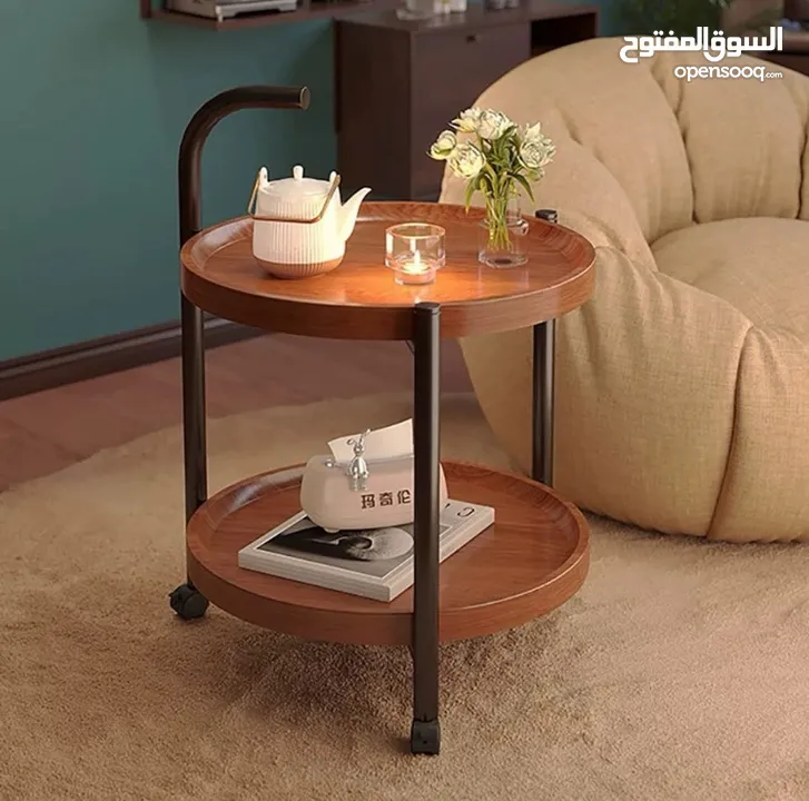 طاولة جانبية متحركة مع بكرات – طاولة قهوة دائرية  طاولة قهوة صغيرة بعربة من طبقتين بتصميم