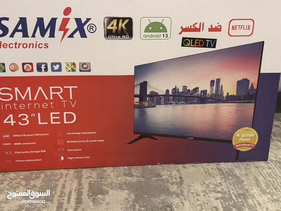 تلفزيون samix سمارت 43 بوصة جديدة بلكرتونة  Smart tv  Internet ضد الكسر