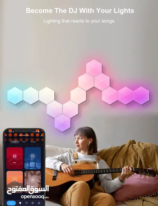 مصباح جداري سداسي ذكي متغير الألوان ضوء ليلي محيطي RGB شكل موسيقى تحكم بتطبيق إيقاع لغرفة الألعاب وغ