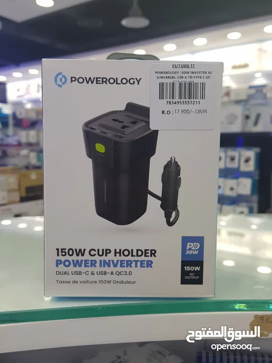 Powerology 150w cup holder power inverter dual type-c charging port car Charger