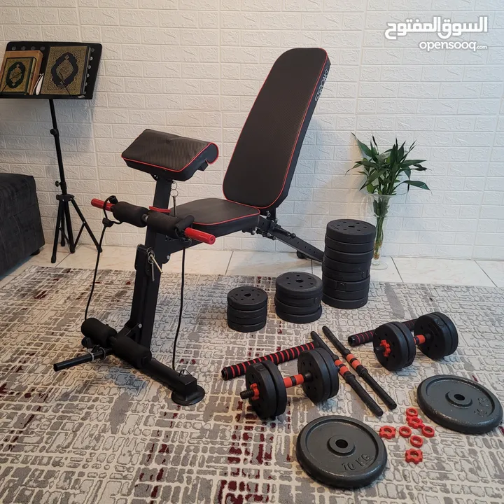 جهاز Gym رياضي متكامل لجميع التمارين مع بارين ودنابل و  67.5 كيلو اوزان