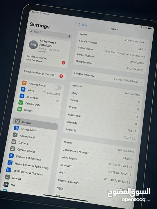 ايباد 11 برو شبه جديد ، ذاكرة 128GB يدعم الشريحه معالج M2 مستعمل يومين فقط