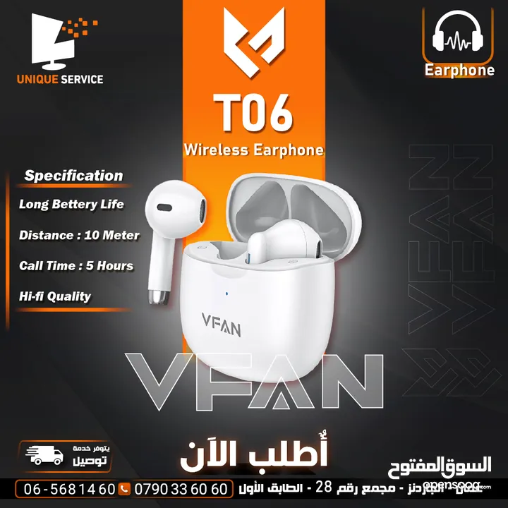 سماعات أذن وايرلس أصلية تعمل 5 ساعات متواصلة VFan Wireless Earphones T06