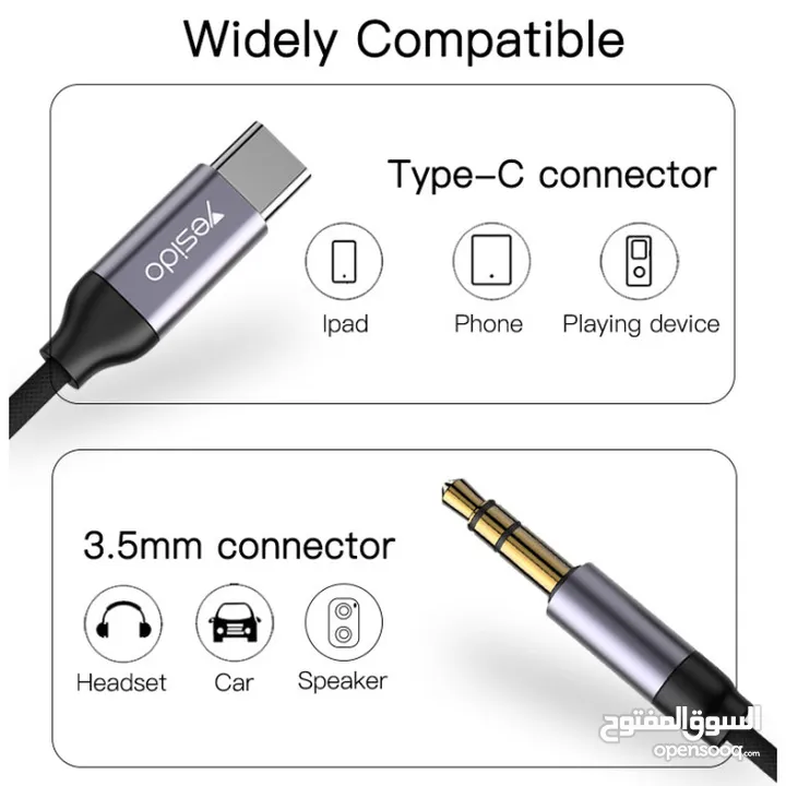 YAU20 Anti-noise Original Aluminum Alloy 1M Type-C to 3.5MM Aux Cord Headphone Audio Cable