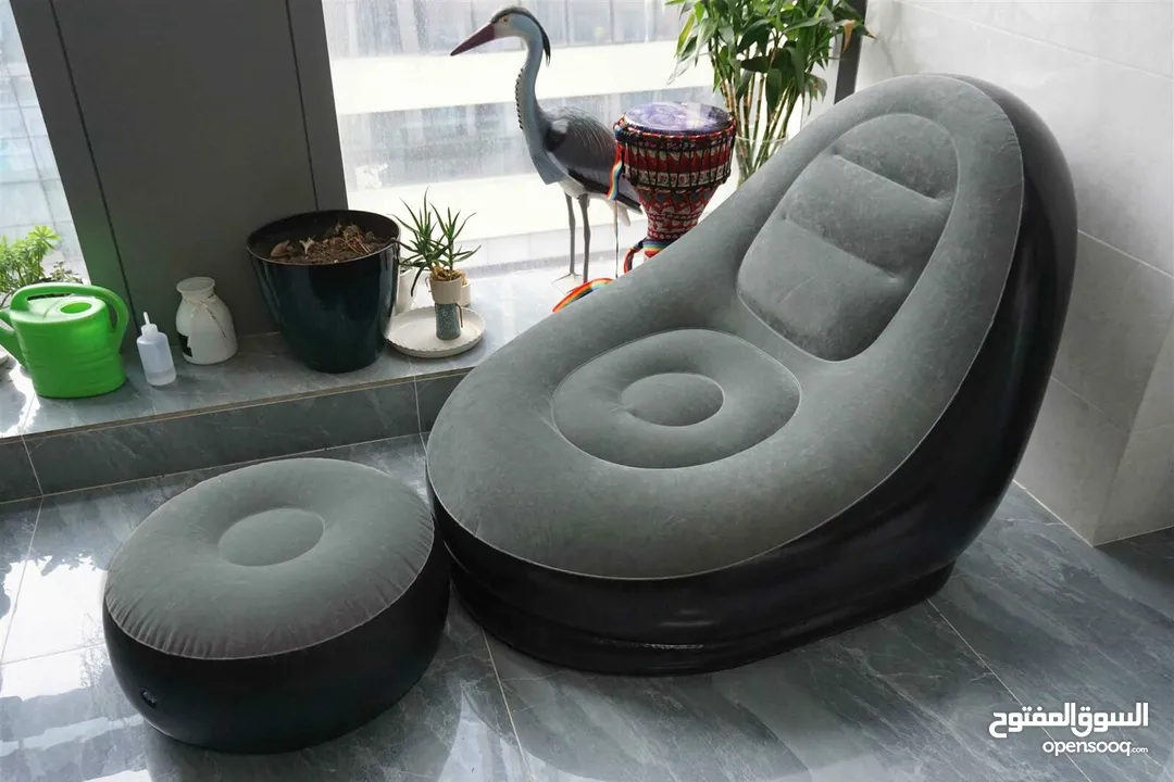NEW GREY INFLATABLE DELUXE LOUNGER & FOOTSTALL SEAT RELAX COUCH CHAIR