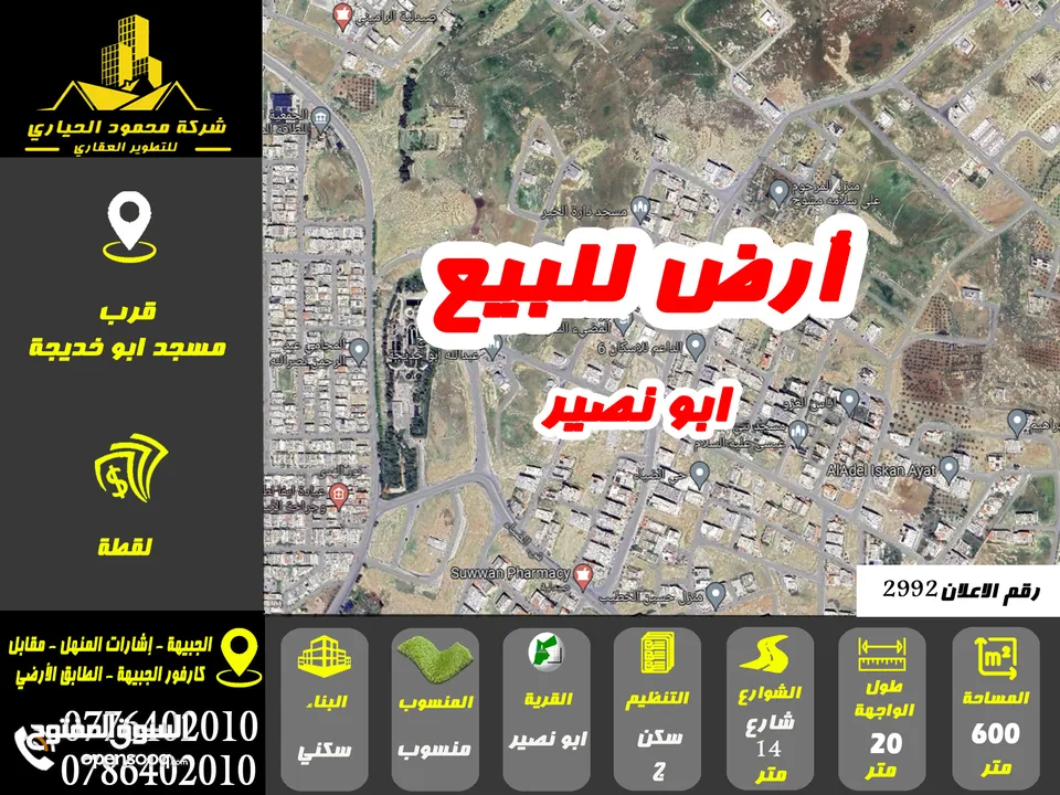 رقم الاعلان ( 2992) ارض سكنية للبيع في منطقة ابو نصير