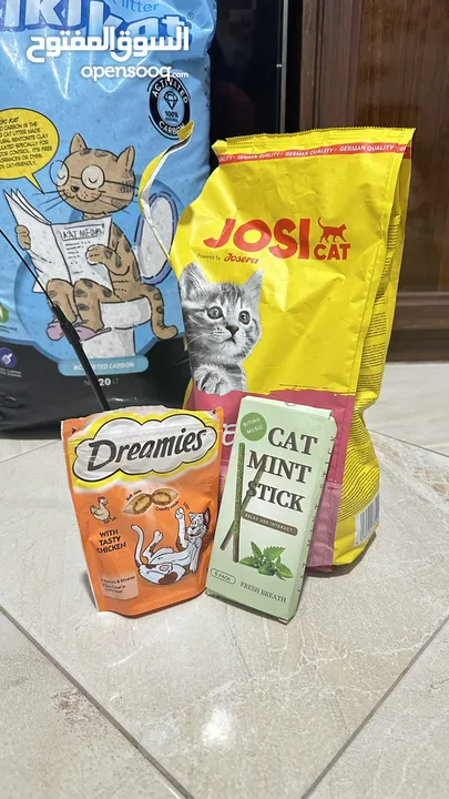 مستلزمات القطط (صندوق فضلات Litter box، Dry food، تراب الفضلات، Treats)