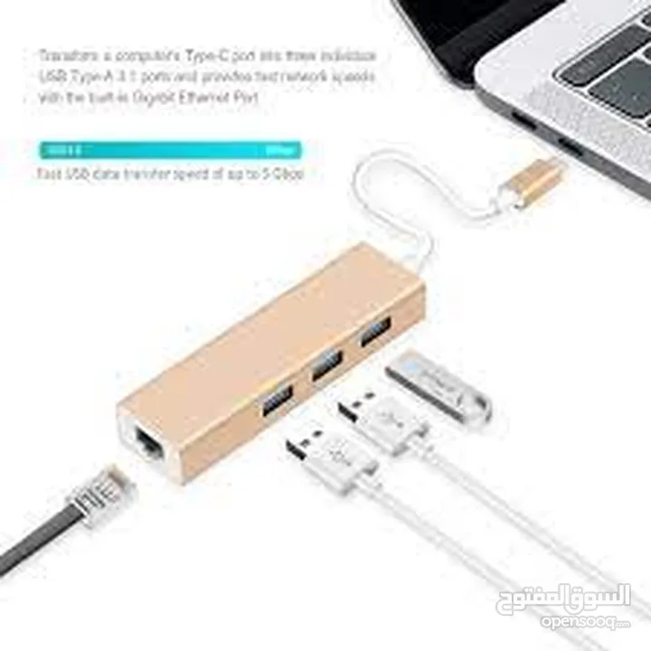 Convert Type-C3.0 to 3 Ports HUB with Gigabit Ethernet Adapter هب تايب سي تو يو اس بي  يدعم ماك بو-