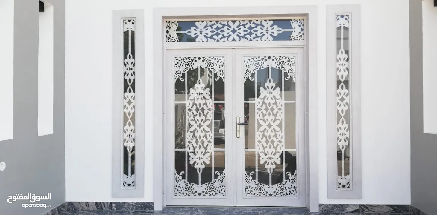 main entrance door, majlis door cast aluminium design, sliding gate outside, Riling