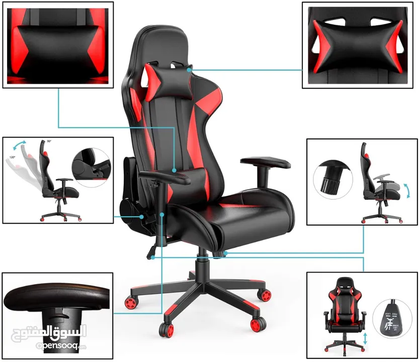 كرسي ألعاب أسود وأحمر جيمنج  بمواصفات رائعة  ومريحة مسند للظهر والرأس قابلتان للازالة GAMING CHAIR