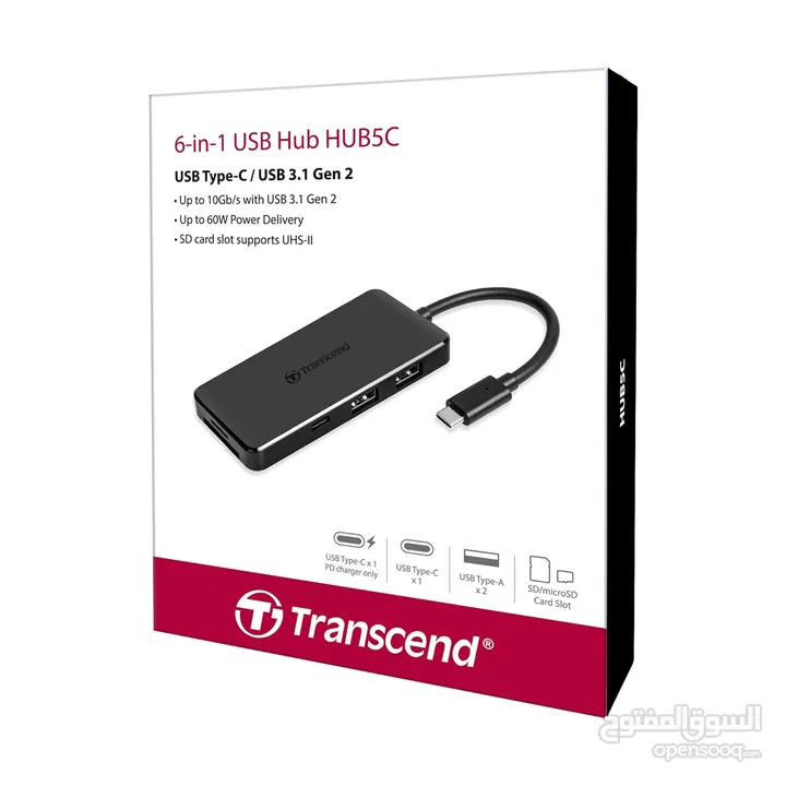 موزع USB HUB عالي السرعة 3.1 و  Transcend HUB5C Type-C 6 in one Port USB HUB SuperSpeed 3.1