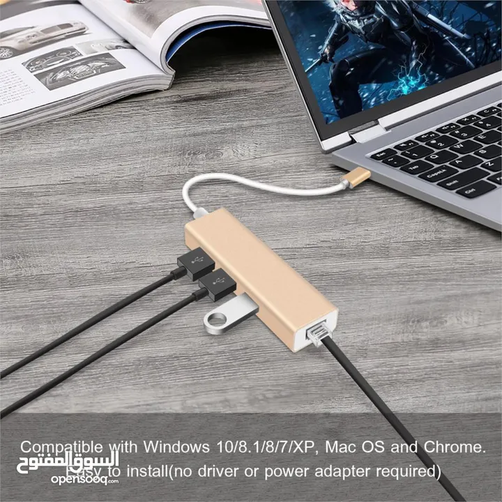 Convert Type-C3.0 to 3 Ports HUB with Gigabit Ethernet Adapter هب تايب سي تو يو اس بي  يدعم ماك بو-