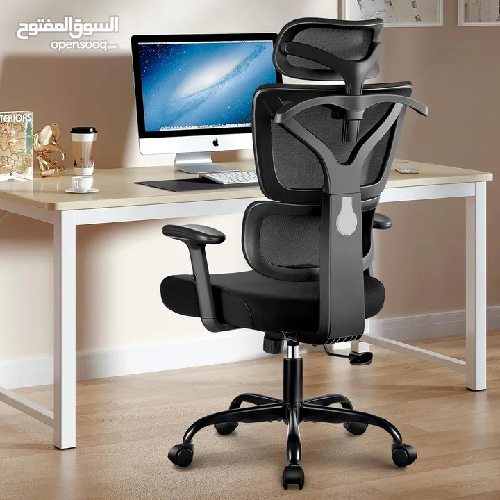 كرسي مكتب Lioncin Ergonomic،، كرسي كمبيوتر يدعم أسفل الظهر مع عجلات ومسند ذراع قابل للتعديل