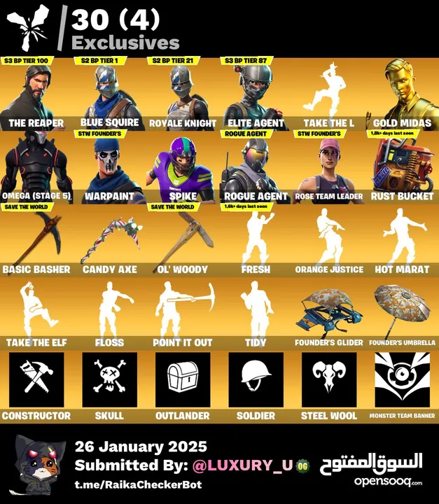 154 skins - Floss - Reaper - s2 knights - Omega - OG stw - candy axe