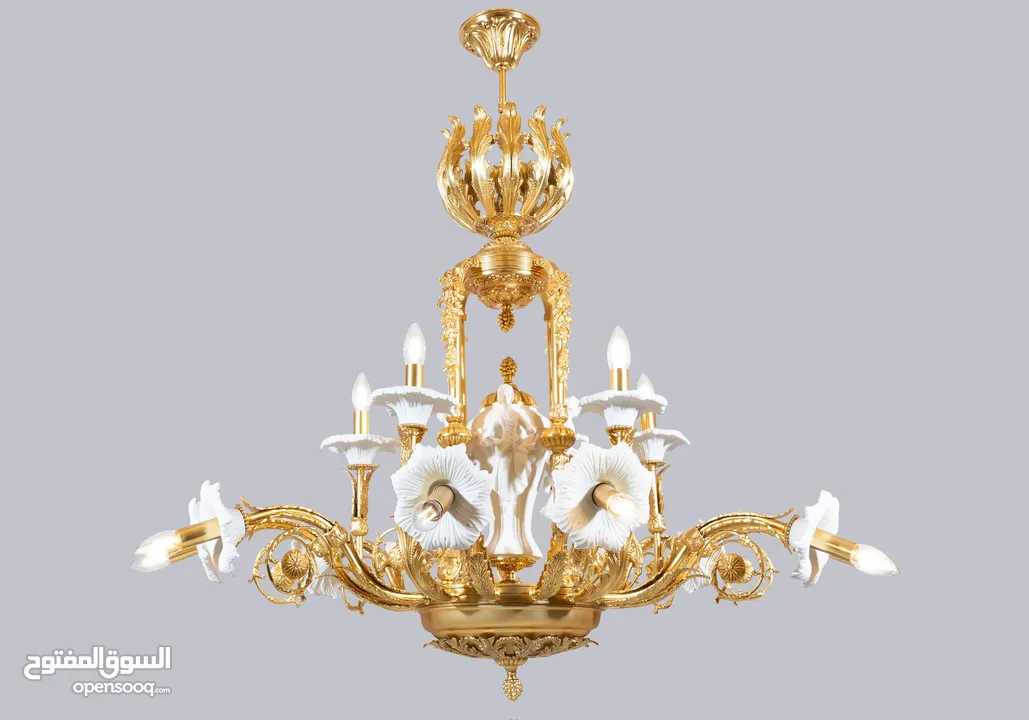 Luxurious 8-Arm Brass Chandelier with Porcelain Ornaments