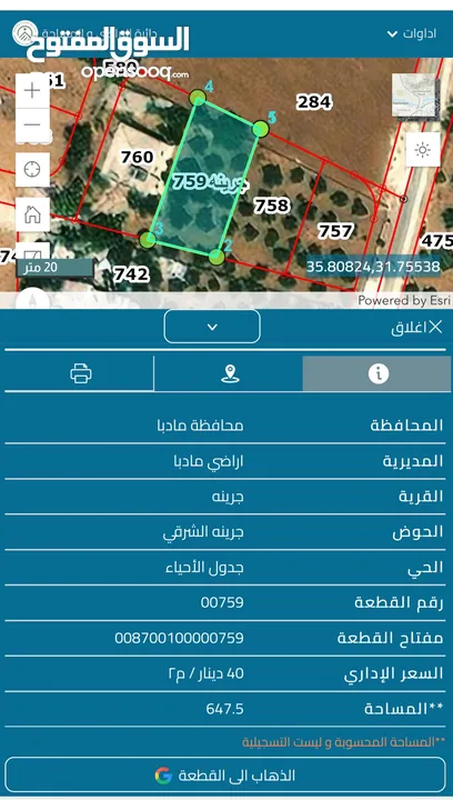 650 متر  مادبا جرينه سكن ج مزروعه بالزيتون المثمر على  شارع 12 م