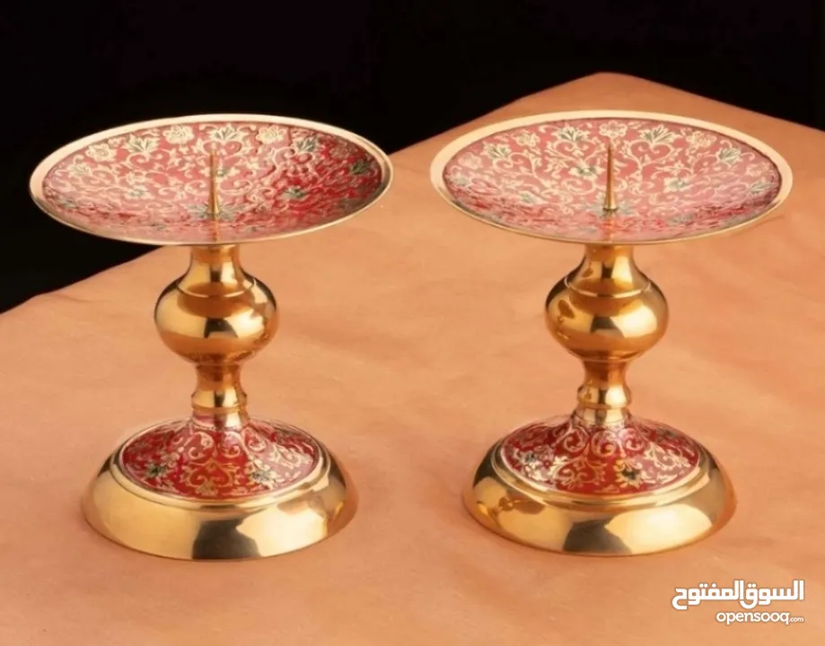 An Iranian Elegant Designed Brass candlestick pair with enamel work, Product material: Brass Alloy