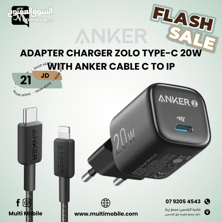 ANKER adapter charger ZOLO type-c 20W WITH ANKER CABLE C TO IP